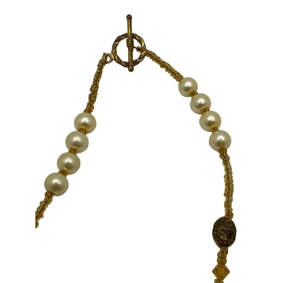 Vintage Simulated Pearl Necklace Amber Color Glass Beads Toggle Clasp - Picture 3 of 7